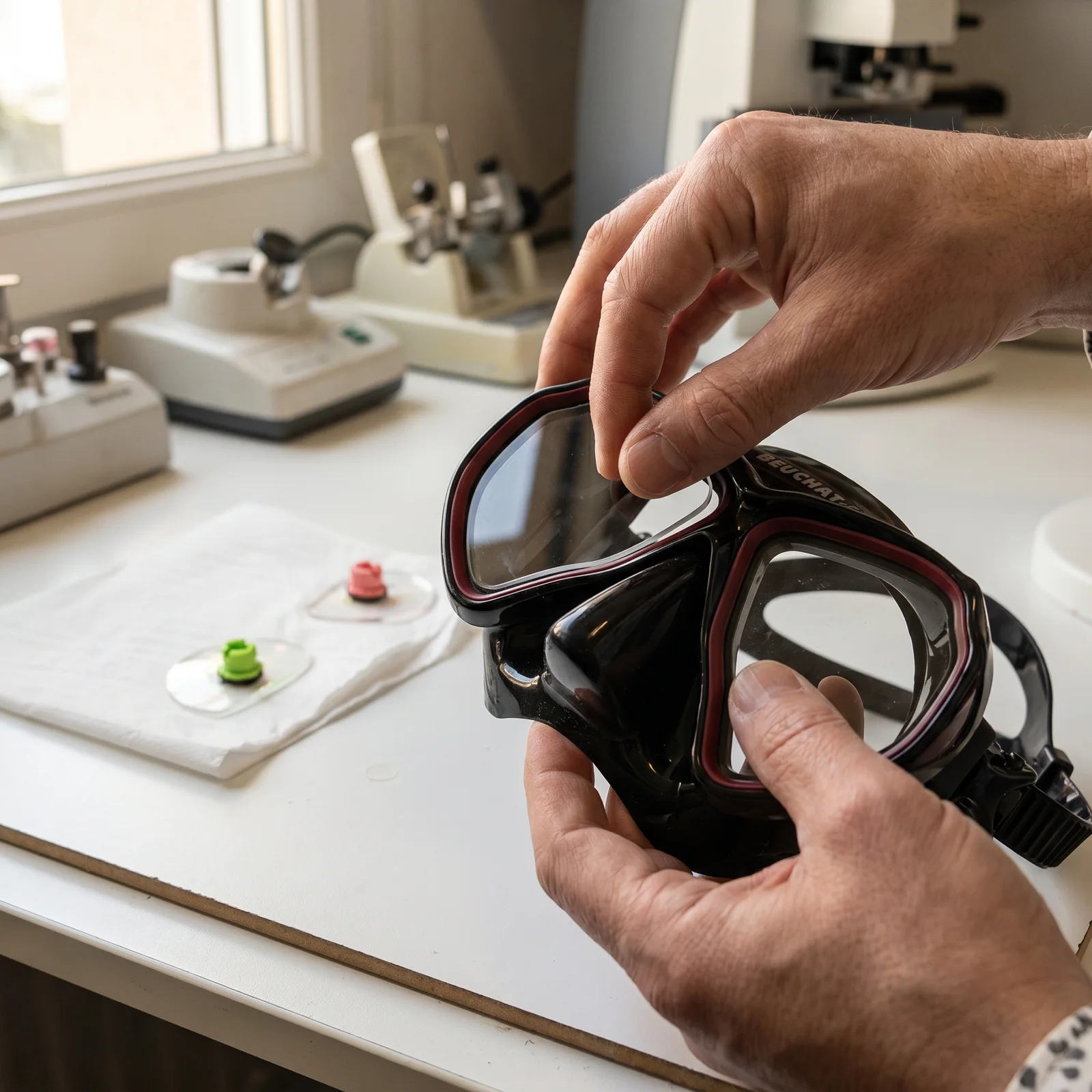 Un opticien de Vision Concept insère un verre correcteur fraîchement taillé dans la vitre d'un masque de plongée, blocs de taille visibles sur l'établi