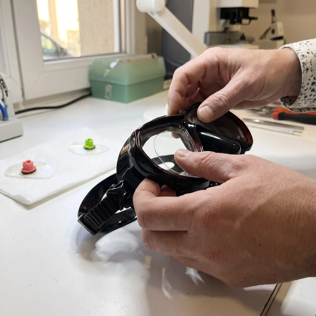 Verres correcteurs posés sur des blocs de taille verts et roses dans l'atelier Vision Concept