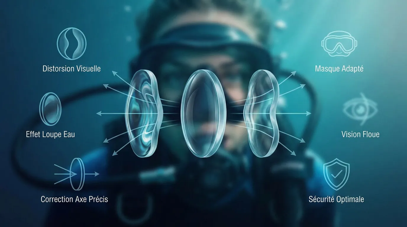Schéma de la réfraction lumineuse et déformation visuelle sous l'eau pour un plongeur