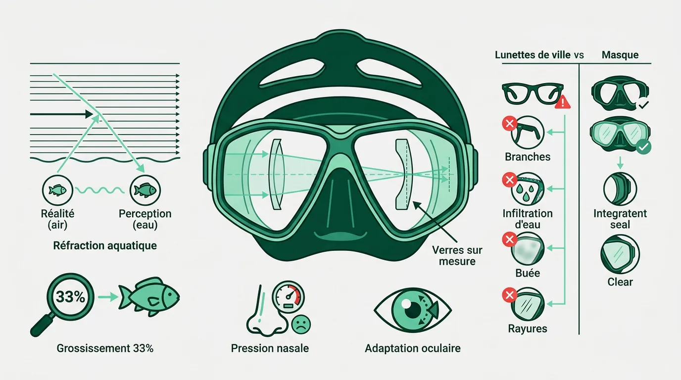 Schéma expliquant la réfraction de la lumière et la correction optique sous l'eau