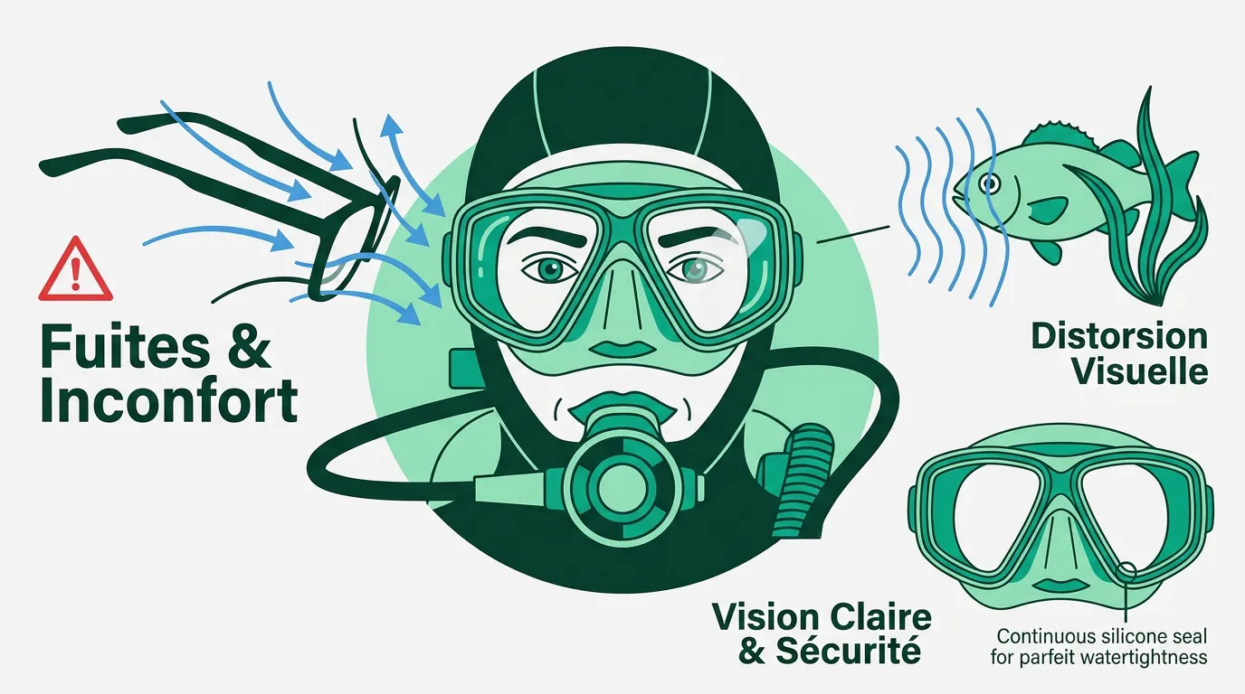 Masque de plongée avec verres correcteurs évitant les fuites et la distorsion visuelle