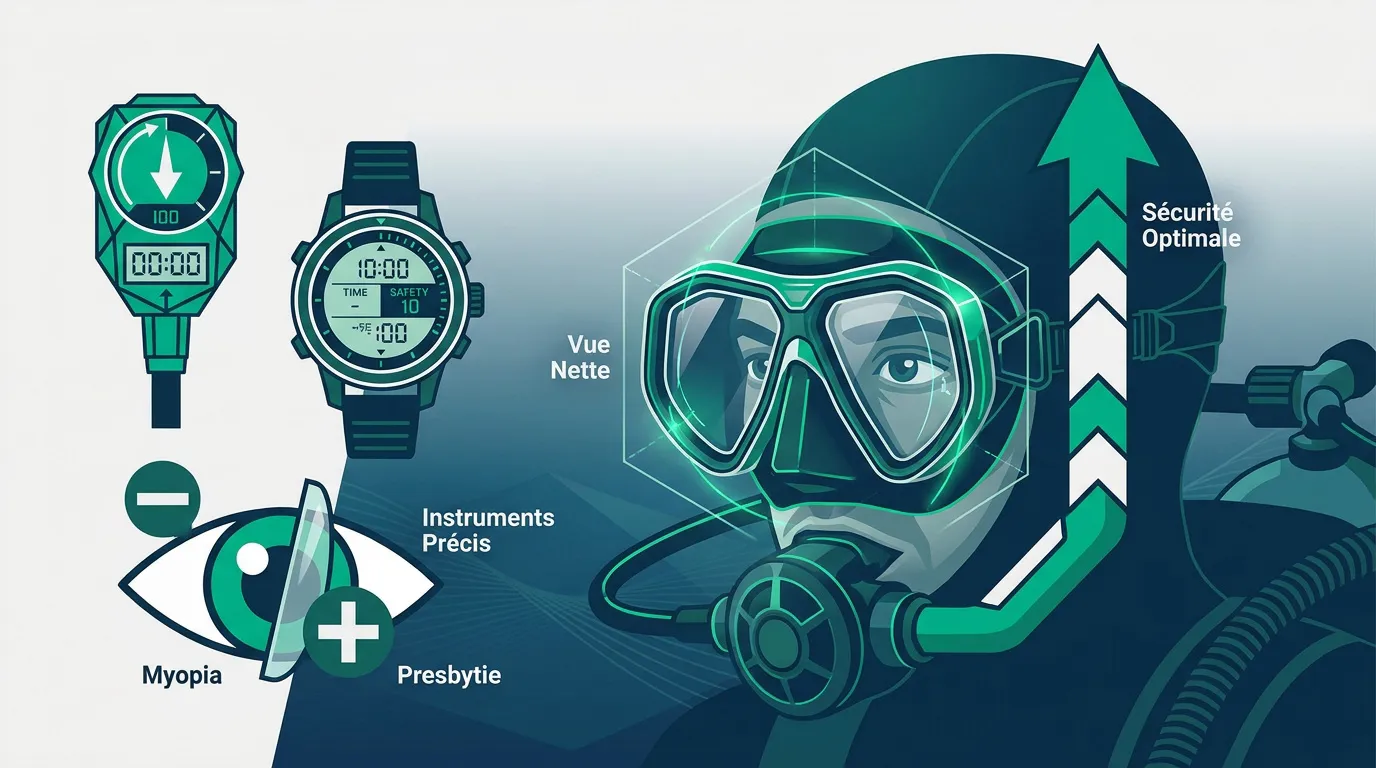 Plongeur observant ses instruments avec une vision nette grâce à un masque correcteur