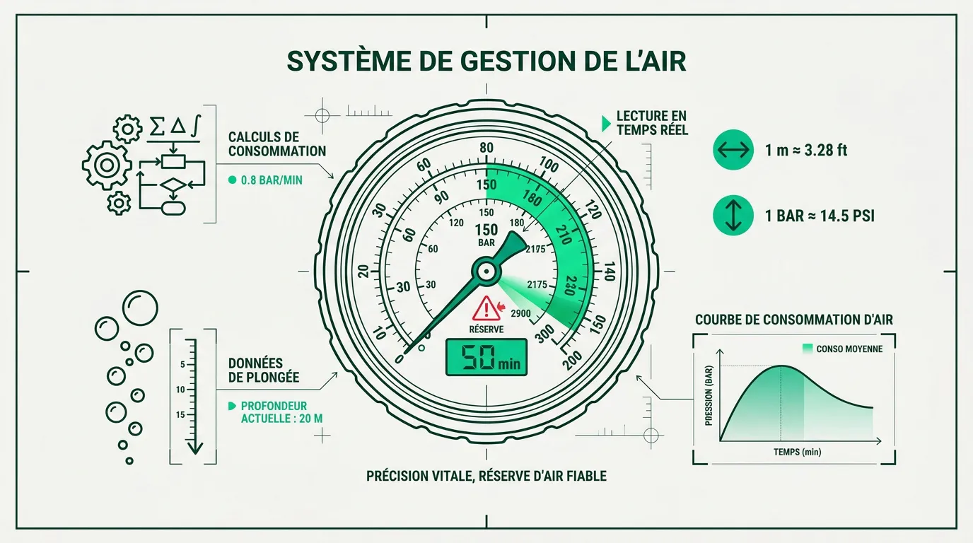 Infographie sur la gestion de l'air et la conversion de pression en plongée