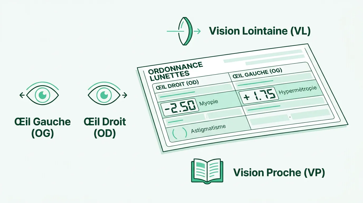 Schéma explicatif pour décoder les abréviations d'une ordonnance de lunettes