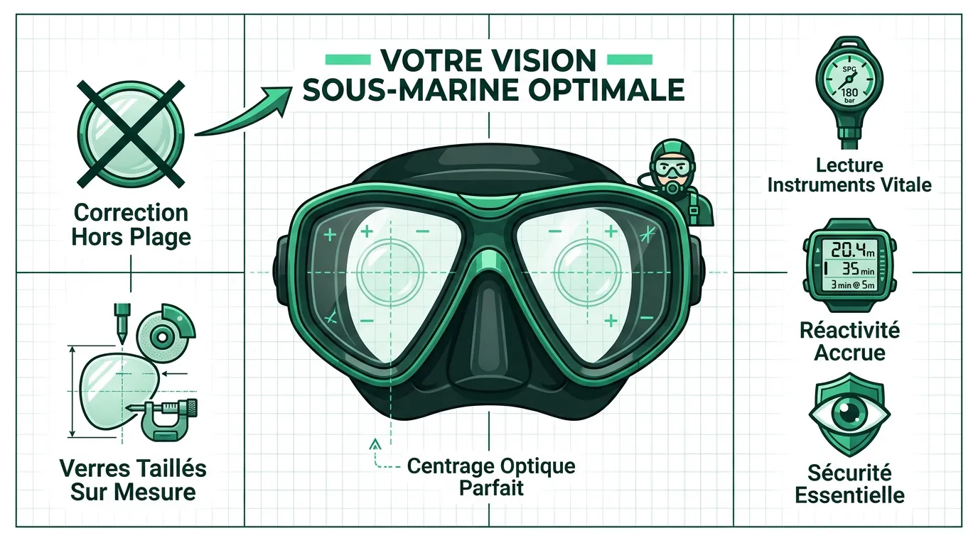 Plongeur vérifiant ses instruments avec un masque correcteur