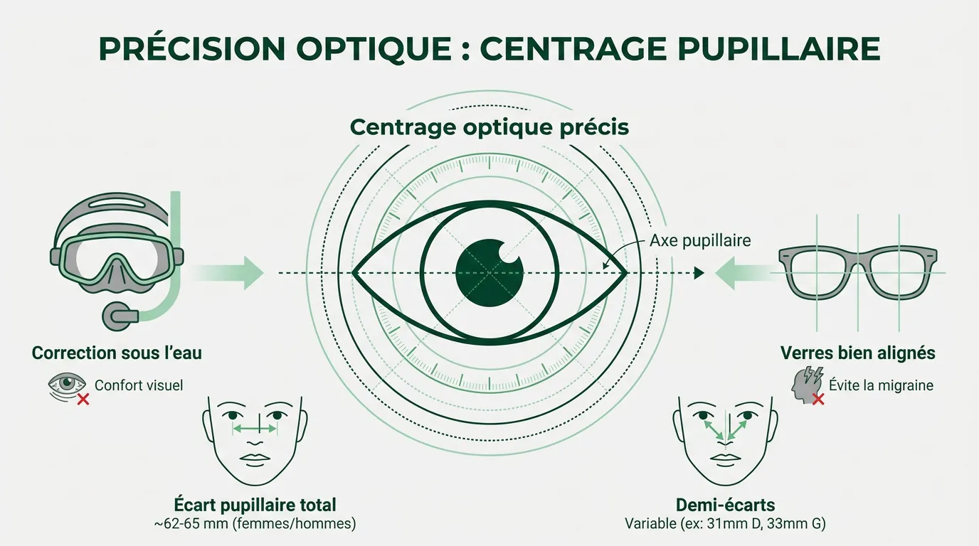 Schéma montrant le centrage optique précis par rapport aux pupilles pour un masque de plongée