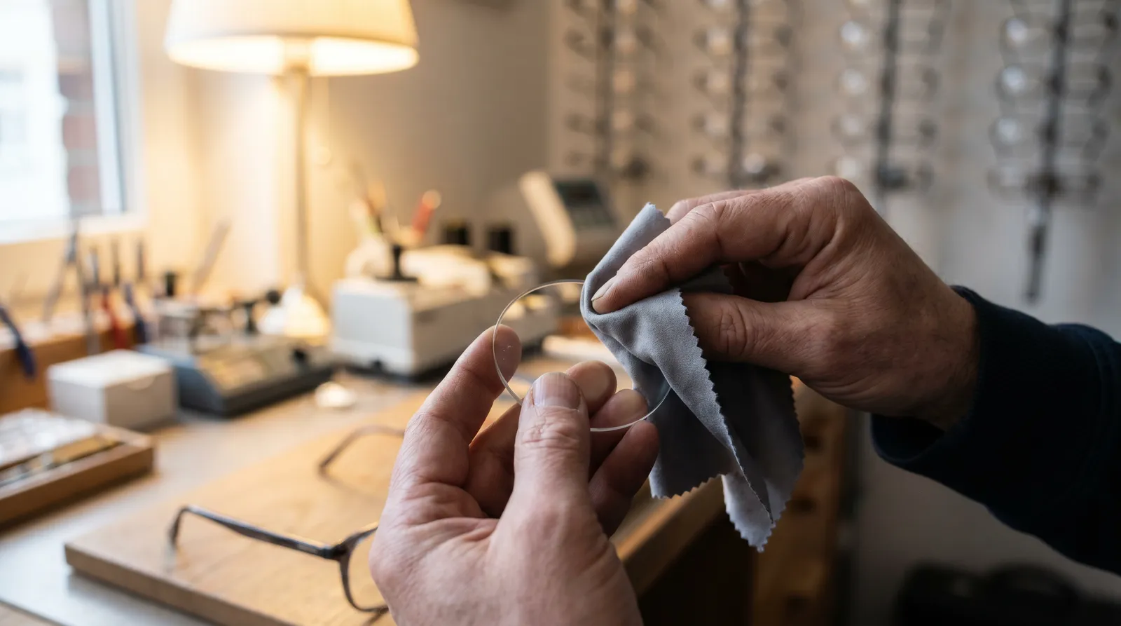 Mains nettoyant délicatement un verre optique avec une microfibre, atelier d’opticien en fond