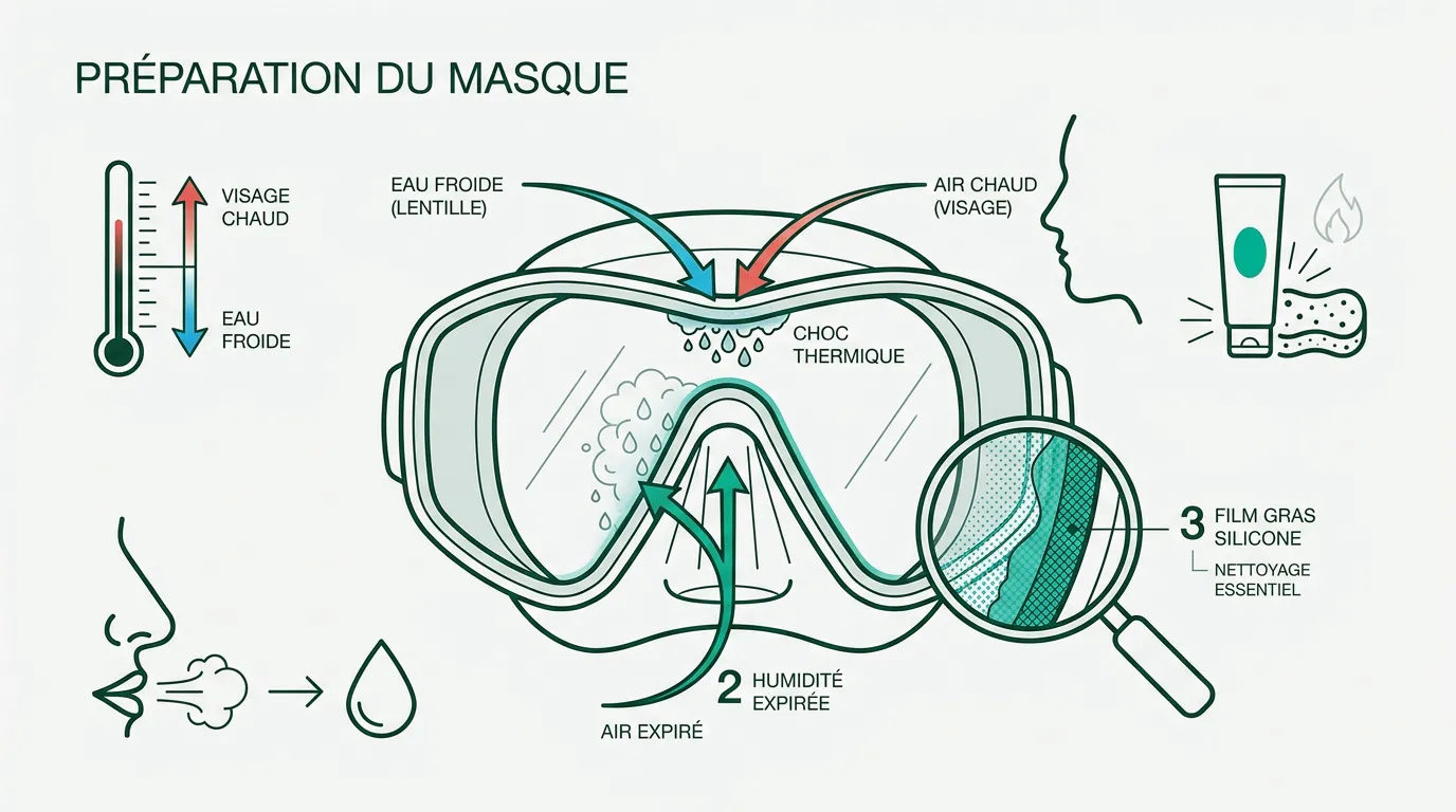 Schéma expliquant les causes de la formation de buée dans un masque de plongée