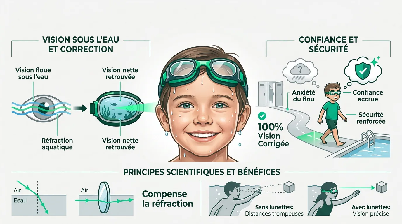 Enfant portant des lunettes de natation correctrices avec un sourire confiant au bord d'une piscine