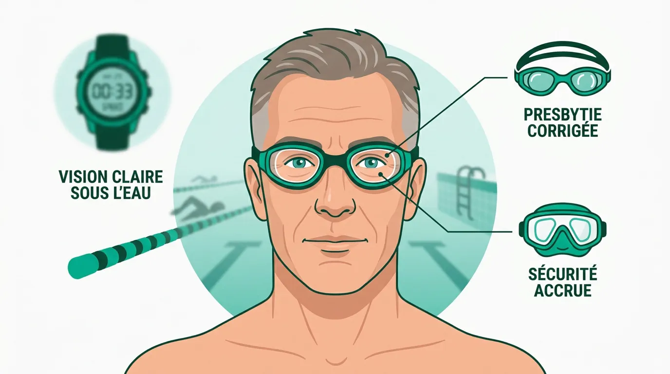 Paire de lunettes de natation correctrices posée au bord d'une piscine pour corriger la presbytie
