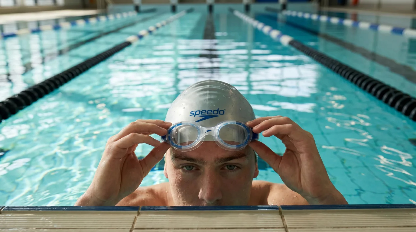 Nageur au bord d'un bassin ajustant des lunettes de piscine correctrices, lignes d'eau en perspective
