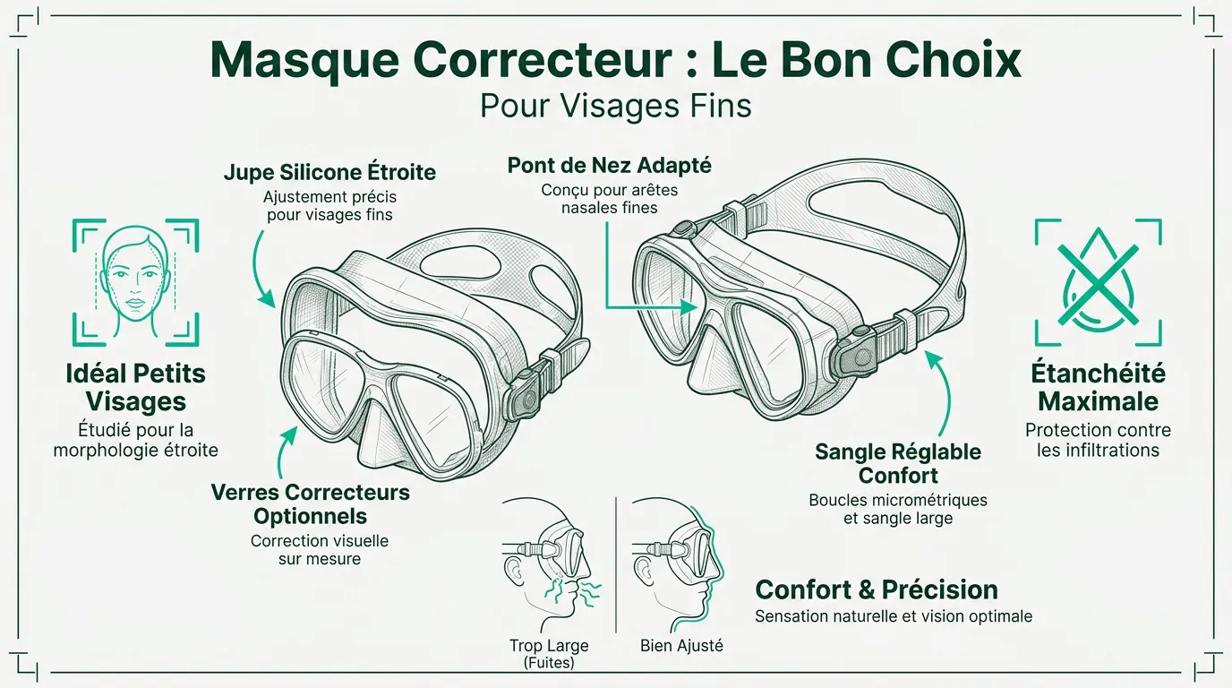 Plongeuse avec un masque de plongée adapté à un visage fin et morphologie étroite