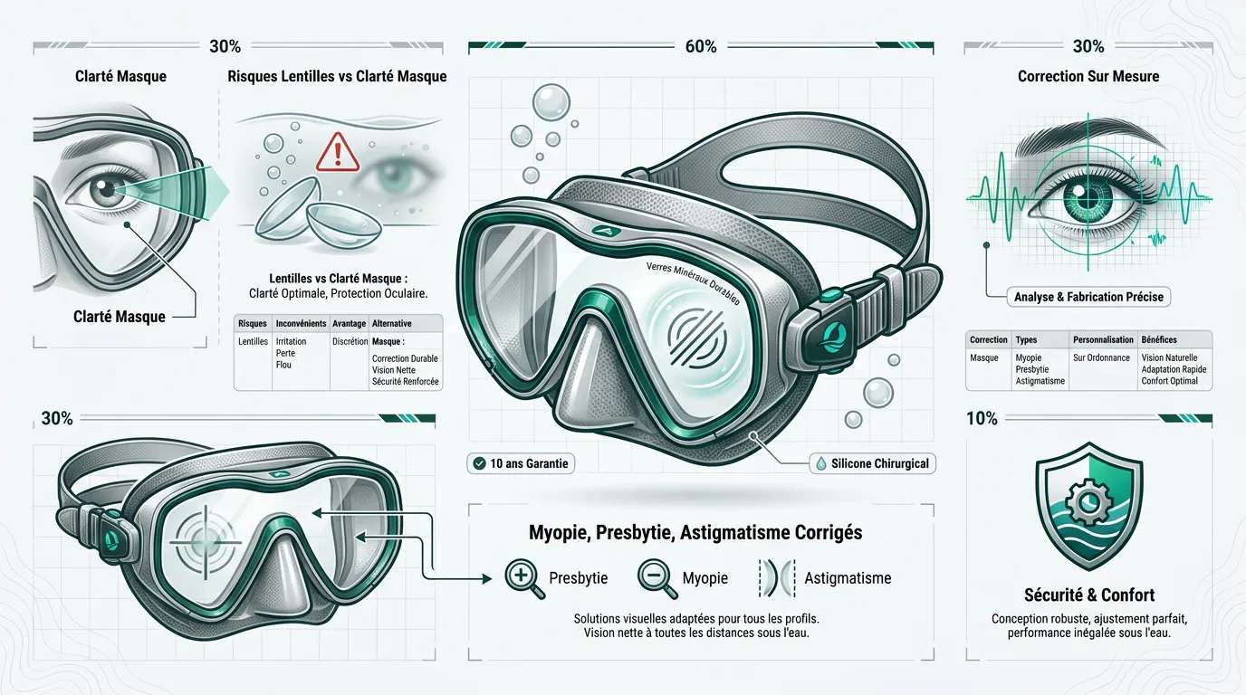 Plongeur utilisant un masque de plongée avec verres correcteurs sur mesure pour une vision nette