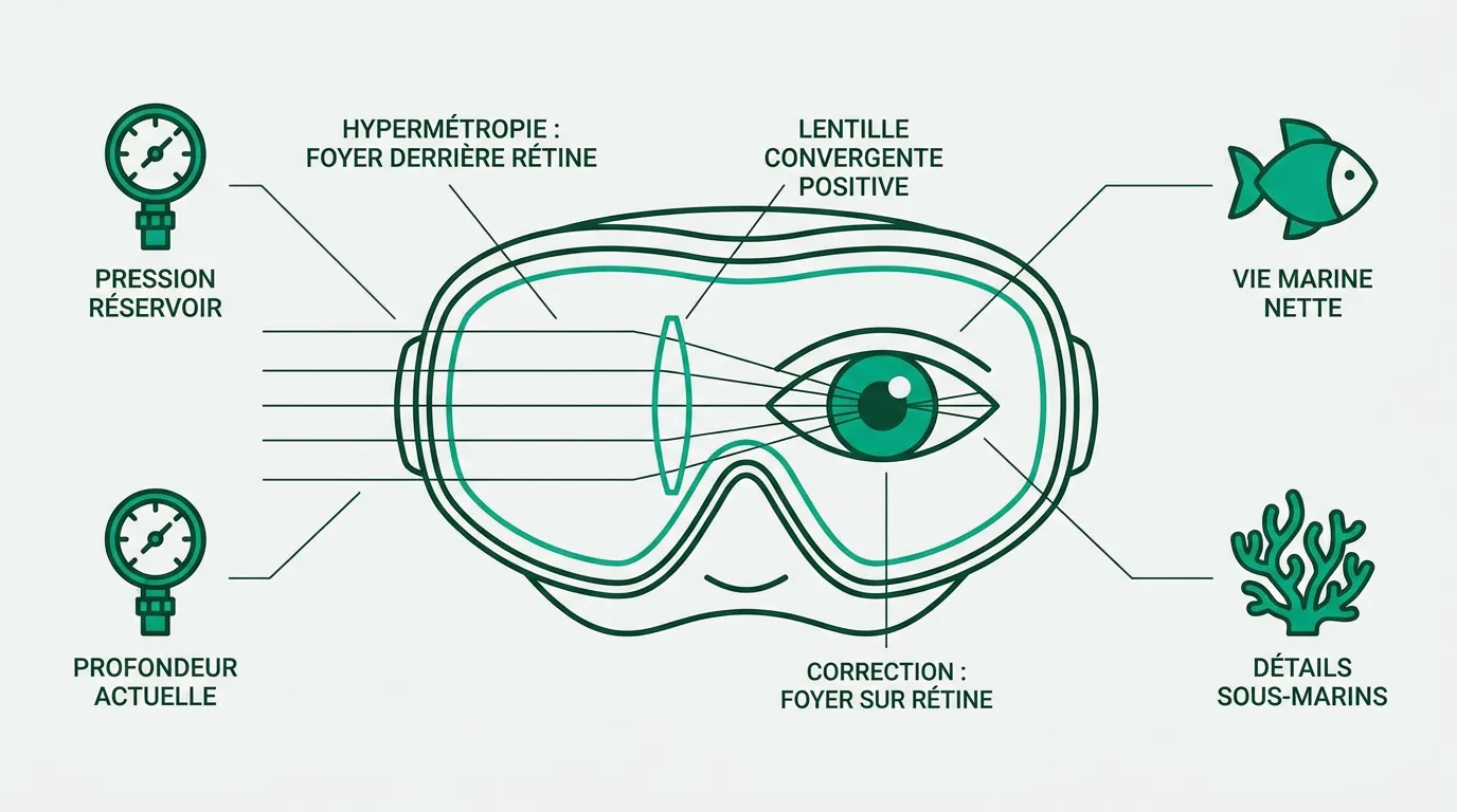 Schéma explicatif du fonctionnement d'un masque de plongée pour hypermétrope avec verres positifs