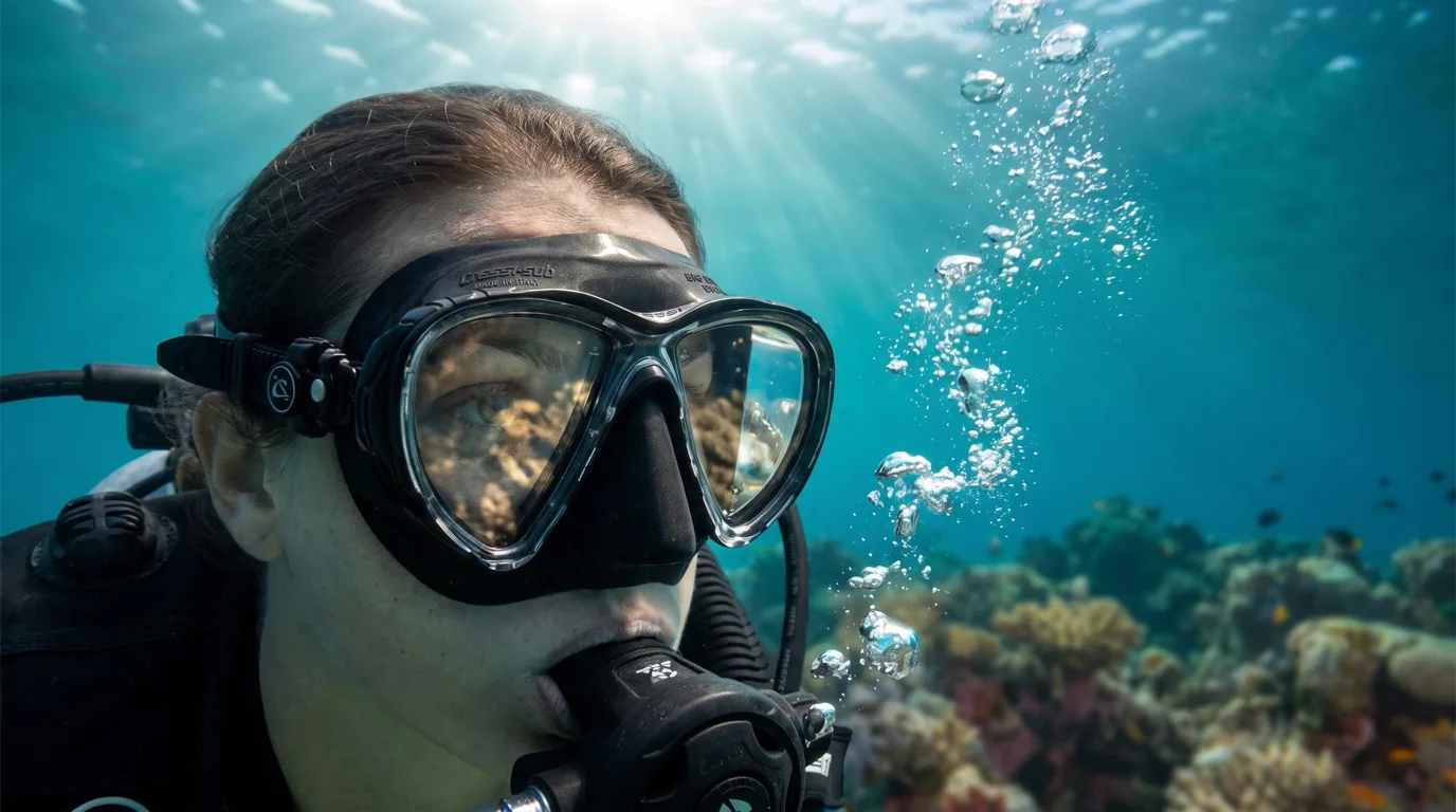 Plongeur portant un masque de plongée à verres correcteurs devant un récif corallien, rayons de soleil traversant l'eau