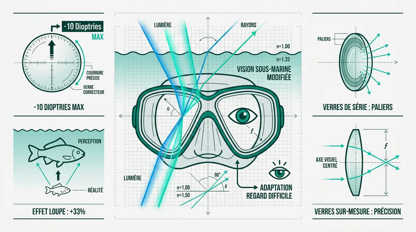 Schéma de la réfraction lumineuse sous l'eau