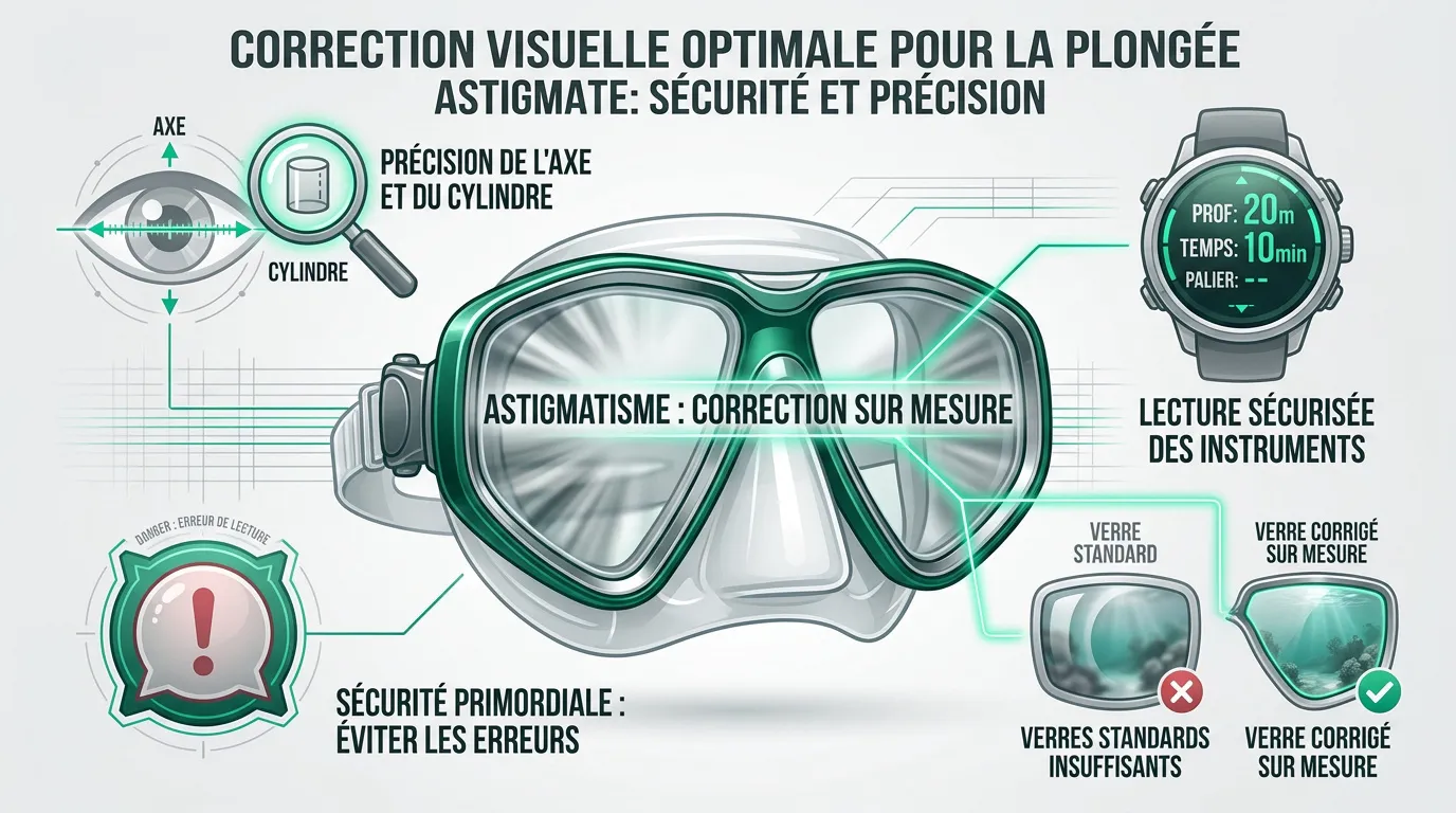 Plongeur vérifiant son ordinateur de plongée avec un masque correcteur sur mesure