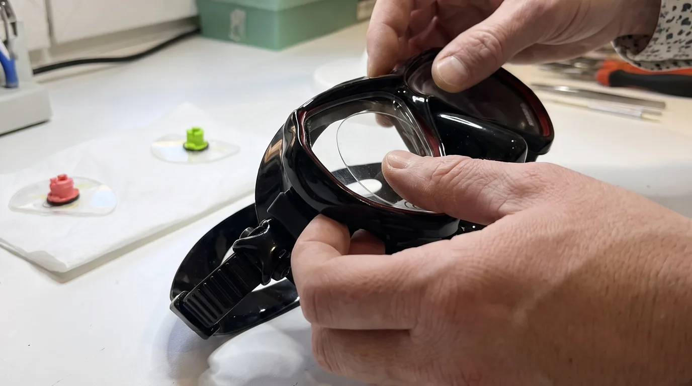 Mains de l'opticien insérant un verre correcteur taillé dans un masque de plongée, sur l'établi de l'atelier