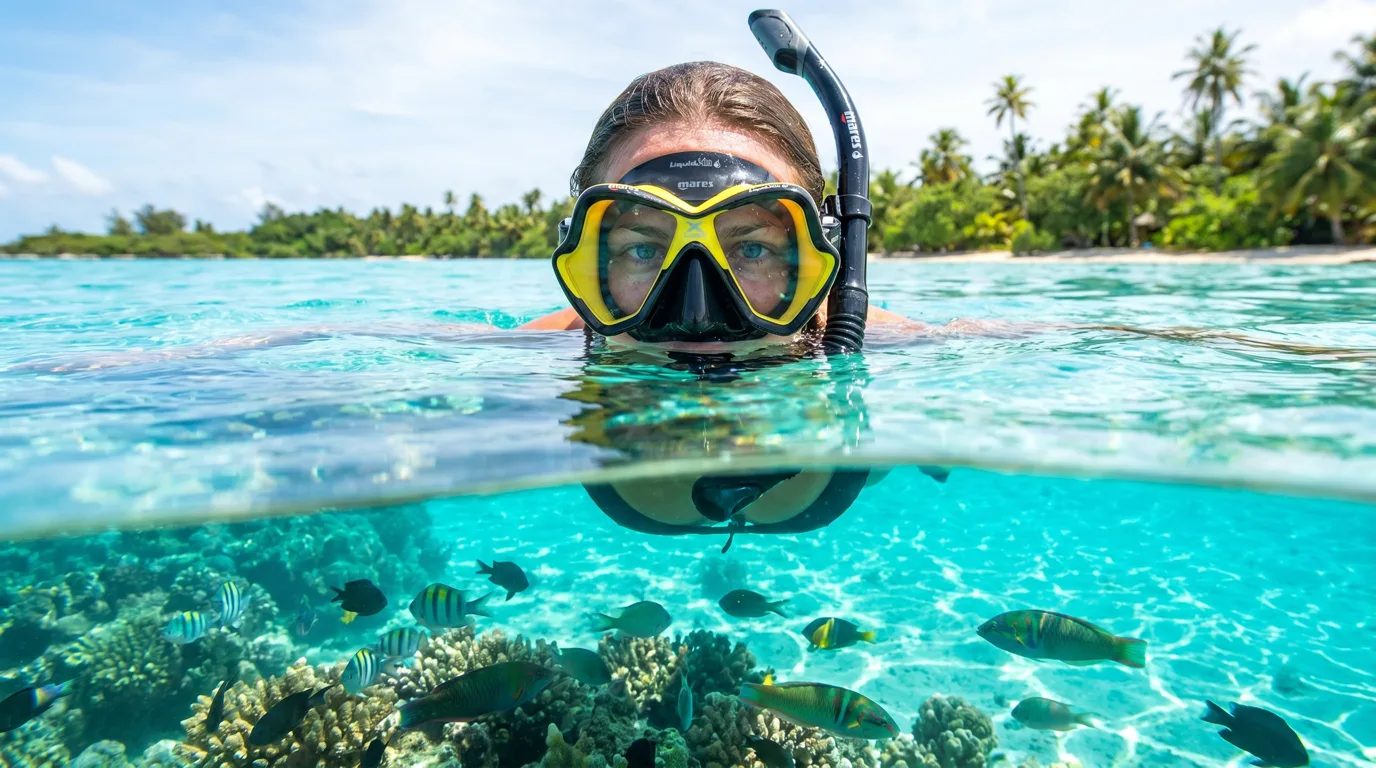 Snorkeleur en surface dans un lagon tropical avec masque correcteur et tuba, récif et poissons visibles sous la ligne de flottaison