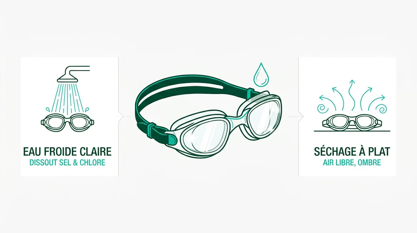 Rinçage à l'eau froide et séchage à plat des lunettes de natation