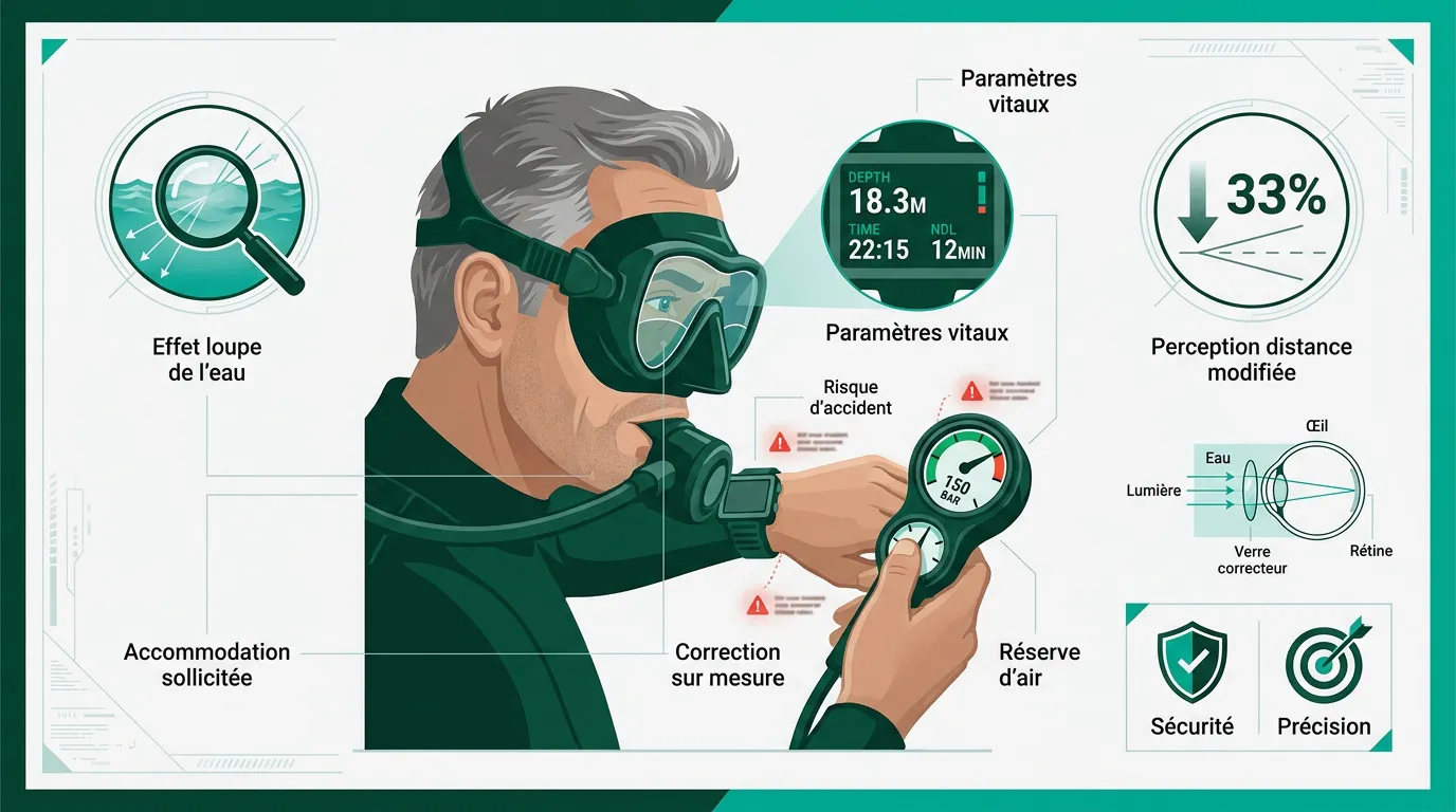 Plongeur vérifiant son ordinateur de plongée avec un masque correcteur