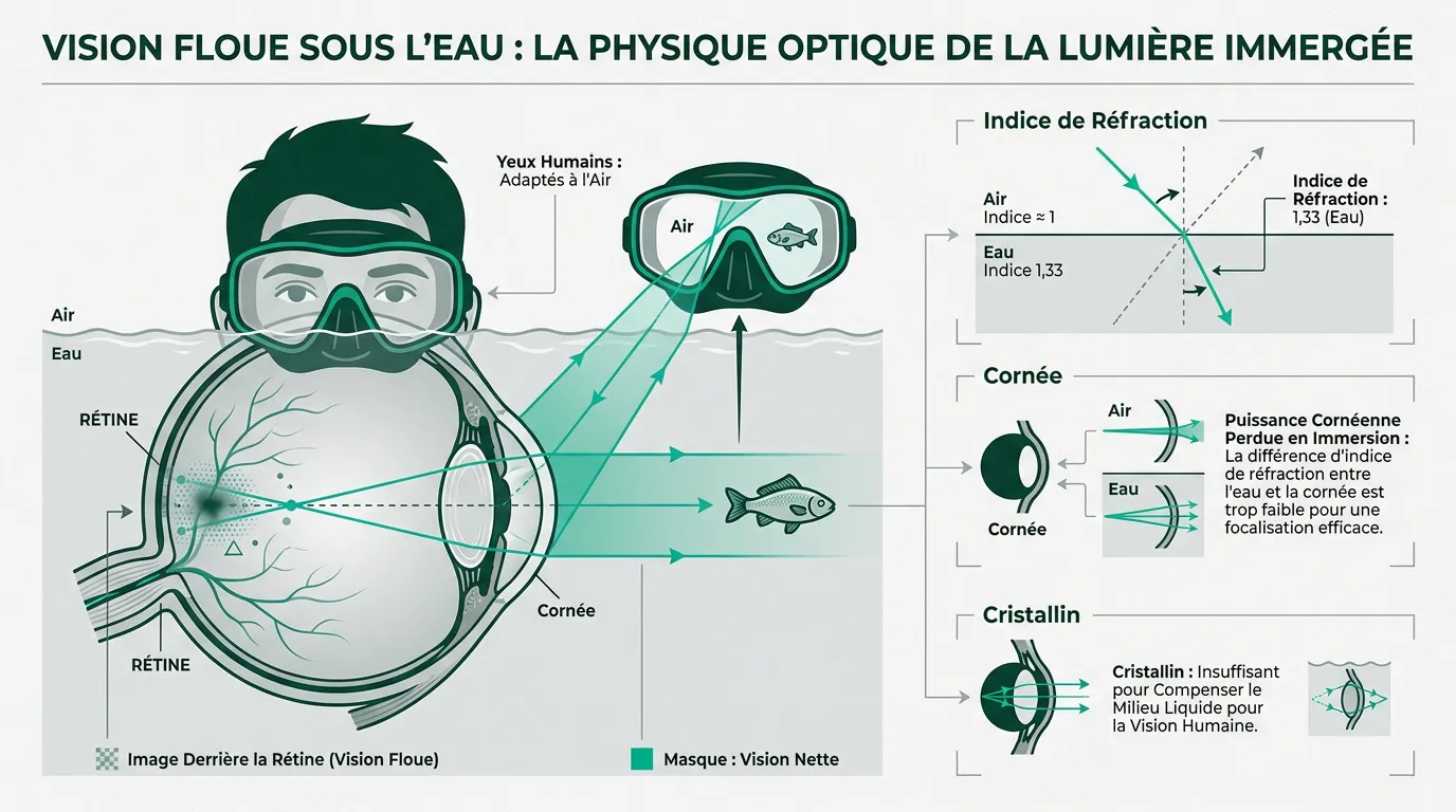 Schéma de la réfraction de la lumière entre l'eau et l'œil humain expliquant le flou visuel