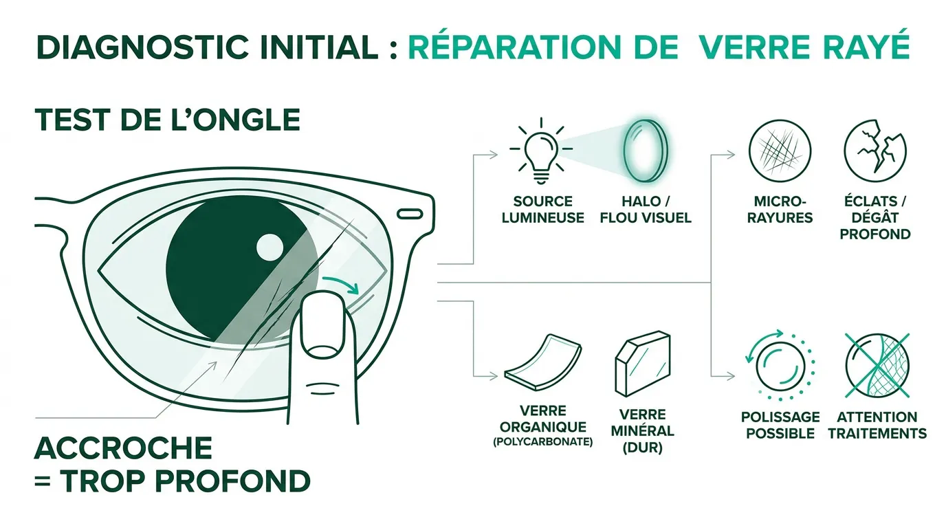 Test de l'ongle et diagnostic de rayure sur un verre de lunettes