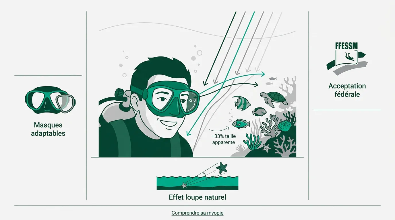 Plongeur équipé d'un masque de plongée examinant la faune sous-marine avec netteté